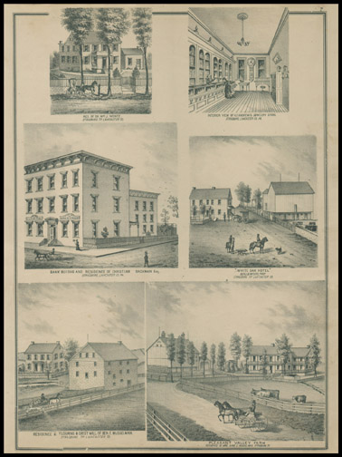 Res. of Dr. Wm. J Wents,Interior View of H. E. Andrews Juwerly Store,White Oak Hotel,Bank & Res. of Christian Backman,Res. & Flouring & Grist Mill of Ben F. Musselman,Pleasant Valley Farm