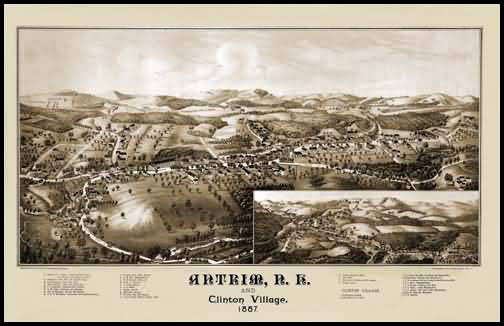 Antrim & Clinton Village 1887 Panoramic Drawing